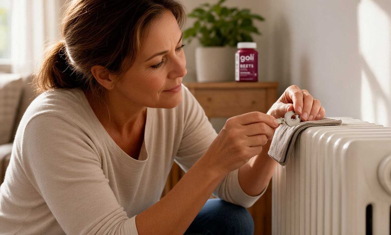 Beetroot for exercise performance: a woman bleeding a living room radiator with a small key