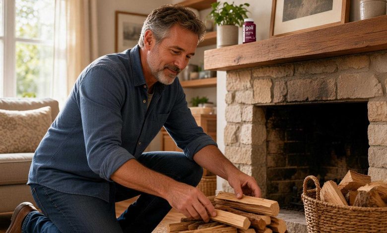 Beetroot supplement benefits: a man laying kindling in a fireplace on a bright morning