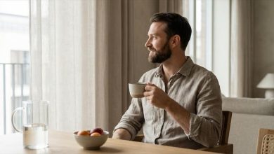 Adult man drinking coffee at home beside fruit, illustrating the best probiotic for men