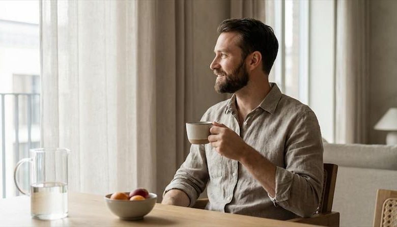 Adult man drinking coffee at home beside fruit, illustrating the best probiotic for men