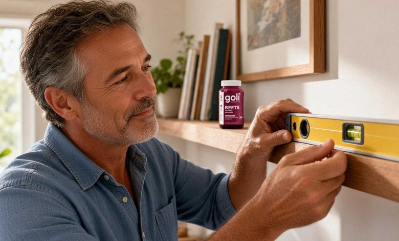 CoQ10 benefits: a man in his fifties levelling a shelf with a spirit level
