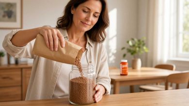 Beauty gummies: a woman filling a storage jar to the brim at her sideboard