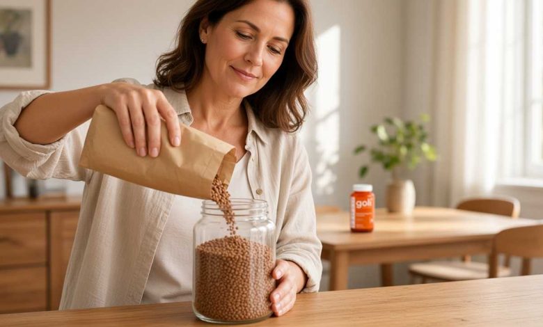 Beauty gummies: a woman filling a storage jar to the brim at her sideboard