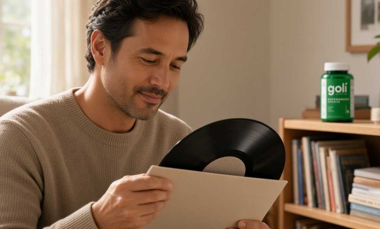 Greens gummies vs powder: man checking a vinyl record beside its plain sleeve at home