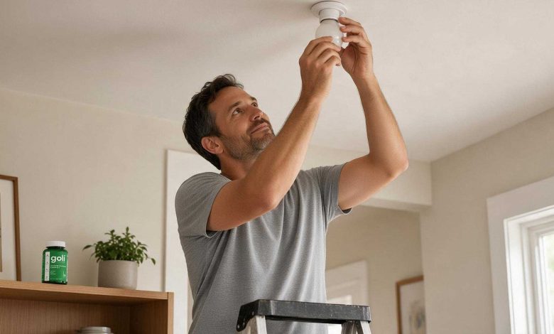 How to get more greens: a man changing a bulb in his hallway ceiling fitting
