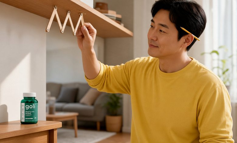 Nootropics for beginners: a man measuring a wall shelf with a folding rule