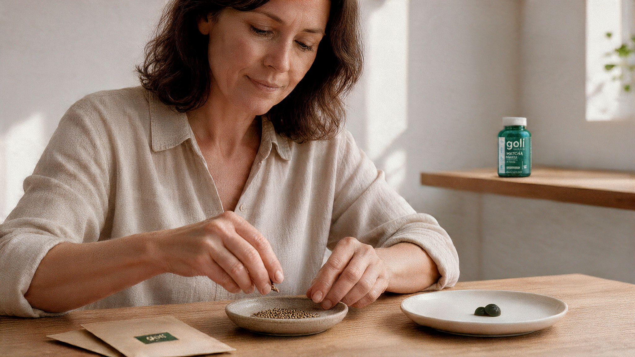 Man threading a new lace through a walking boot beside a plate of crimson gummies