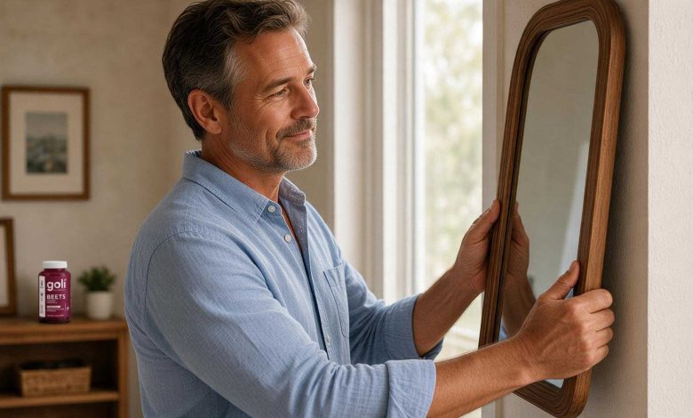 Nitric oxide supplements: a man in his fifties hanging a mirror on a hallway wall