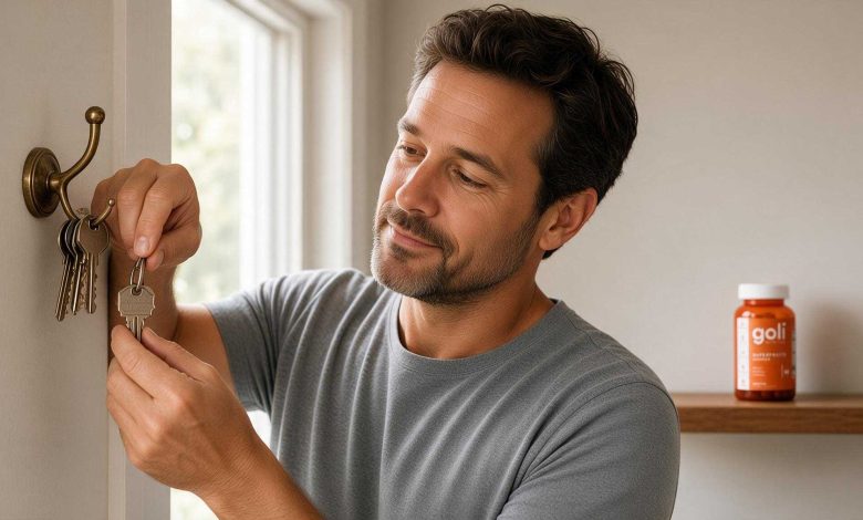 Vitamins for hair and nails: a man sorting a handful of keys onto a hall hook