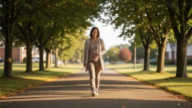 Woman walking outdoors with a hand on her abdomen, illustrating progesterone bloating discomfort.