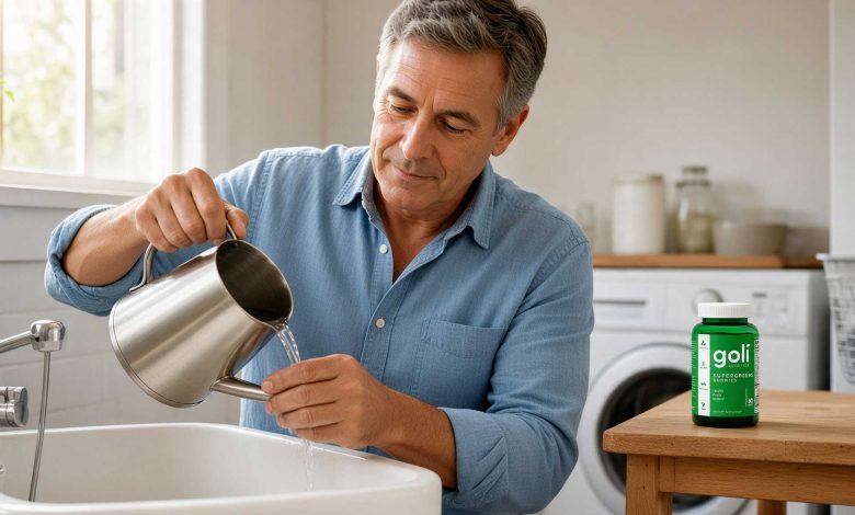 Spirulina benefits: a man descaling a kettle at a bright utility room sink