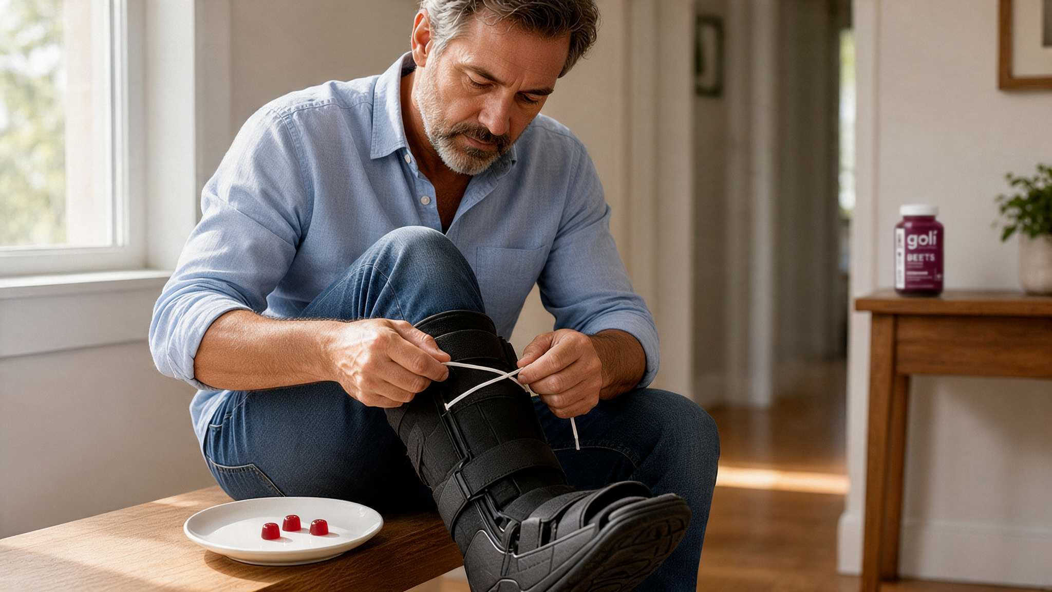 Man threading a new lace through a walking boot beside a plate of crimson gummies