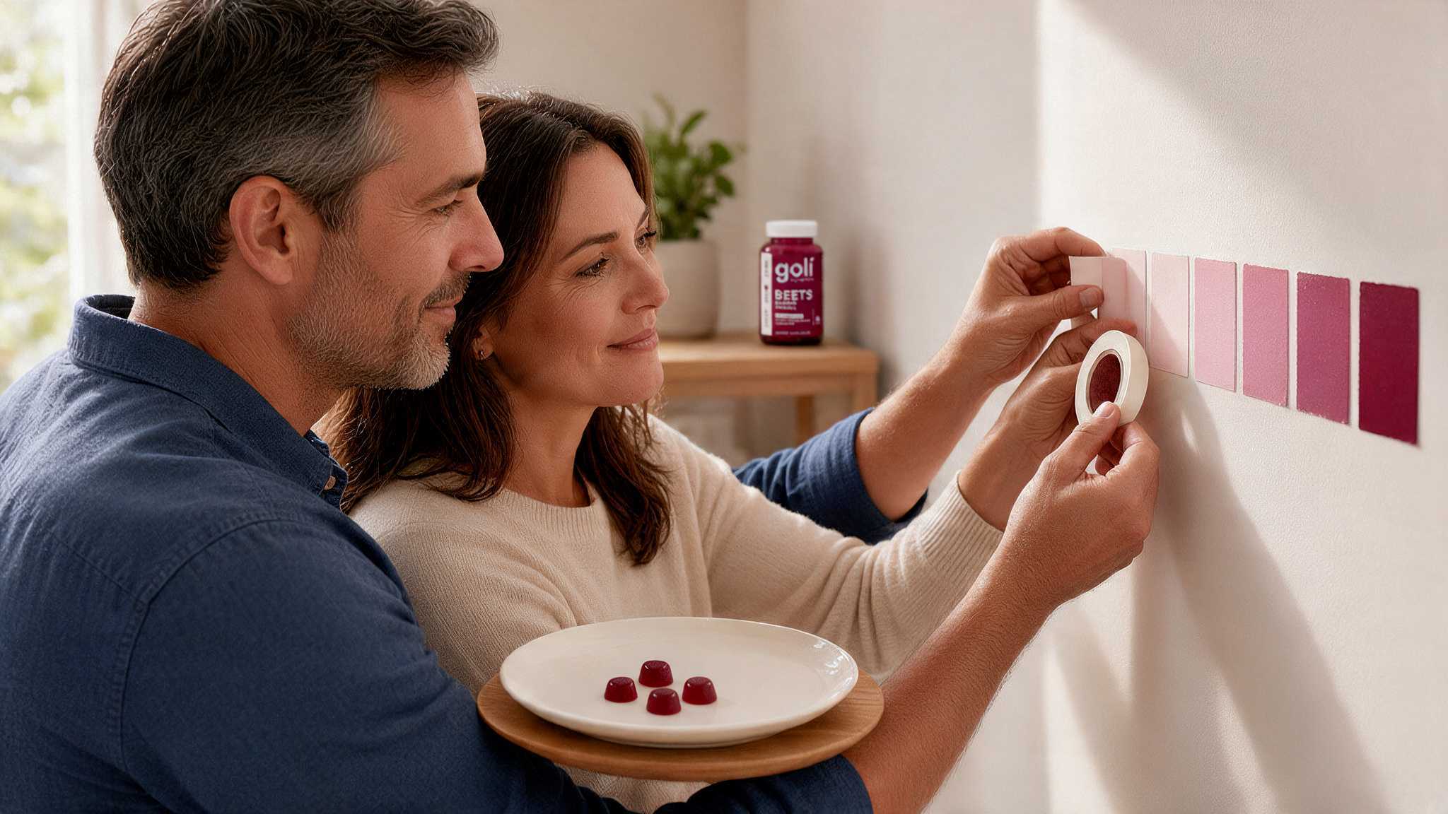 Couple taping paint swatches to a wall from lightest to darkest beside a plate of gummies