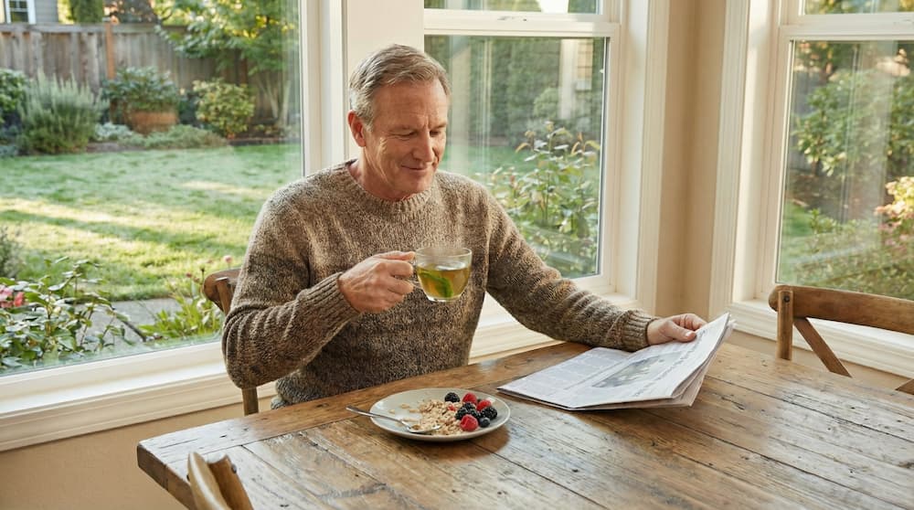 Older man enjoys tea and a fiber-rich breakfast while reading at a sunny kitchen table.