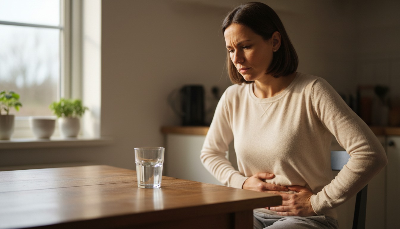 Woman sits at a kitchen table holding her lower abdomen beside a glass of water.