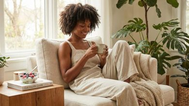 Woman relaxes with a warm drink at home, illustrating the best time to take probiotics.