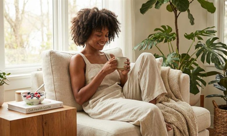 Woman relaxes with a warm drink at home, illustrating the best time to take probiotics.