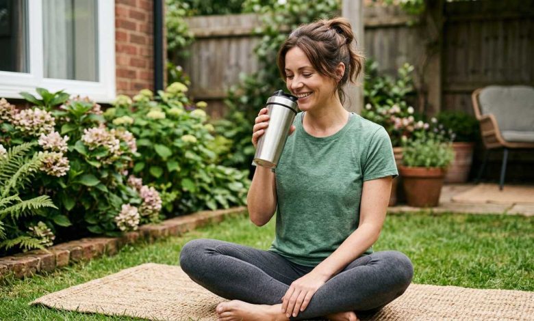 Woman relaxes outdoors with a drink, illustrating collagen gummies as part of a daily beauty routine.