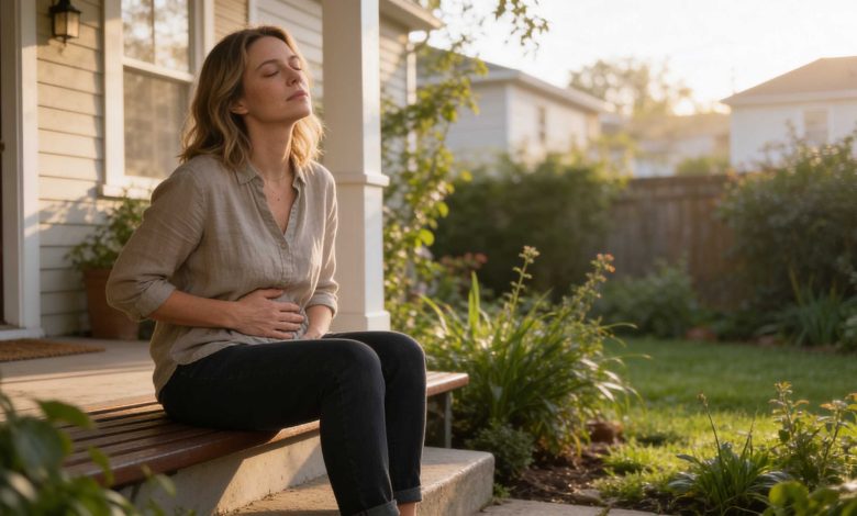 Woman sits outdoors with a hand on her abdomen, illustrating estrogen bloating discomfort across the cycle.