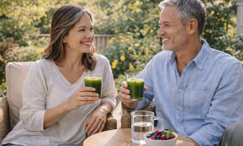 Two adults enjoy green matcha drinks outdoors, illustrating matcha caffeine content in a daily routine.