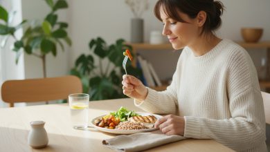 Woman eats a balanced meal at home, illustrating supplements to reduce cortisol and belly fat.