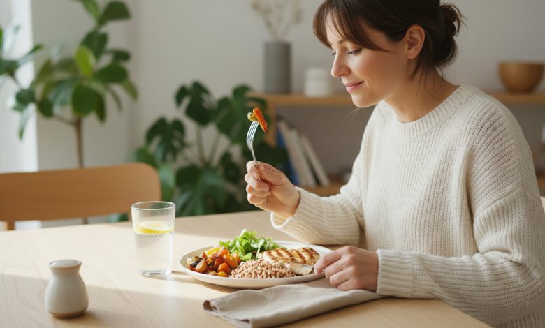 Woman eats a balanced meal at home, illustrating supplements to reduce cortisol and belly fat.