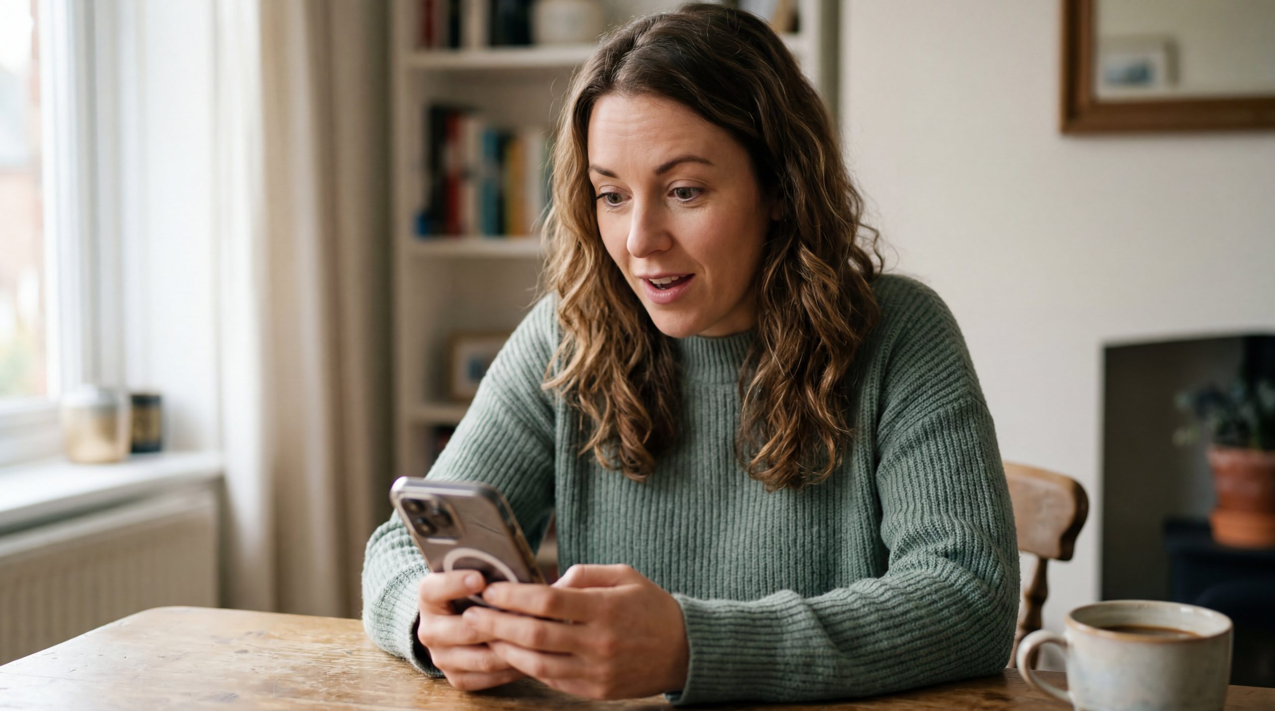 Woman reviews product information on her phone at home before choosing a daily beauty gummy.