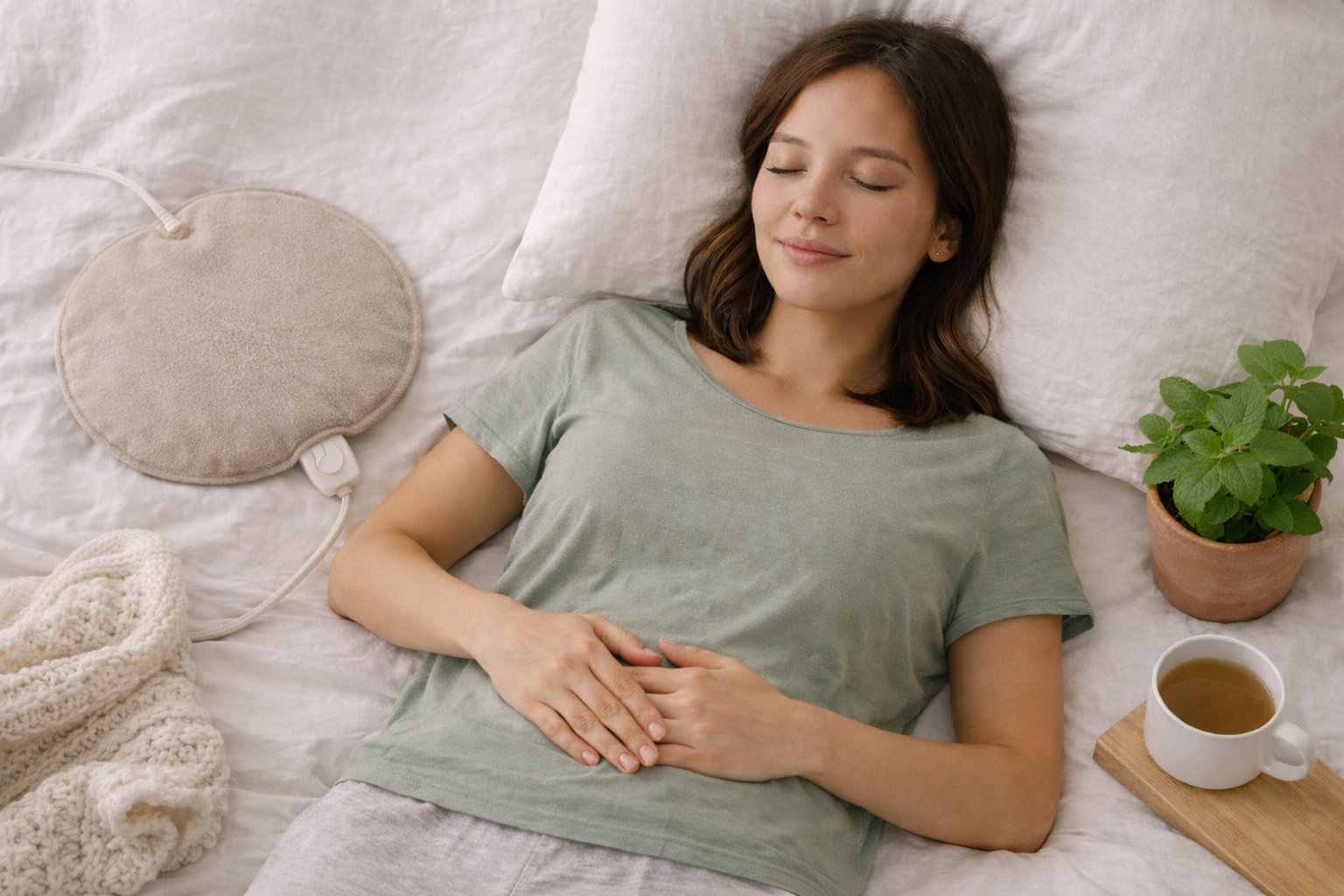 Woman rests with a heating pad and tea, suggesting a calmer digestive pattern.
