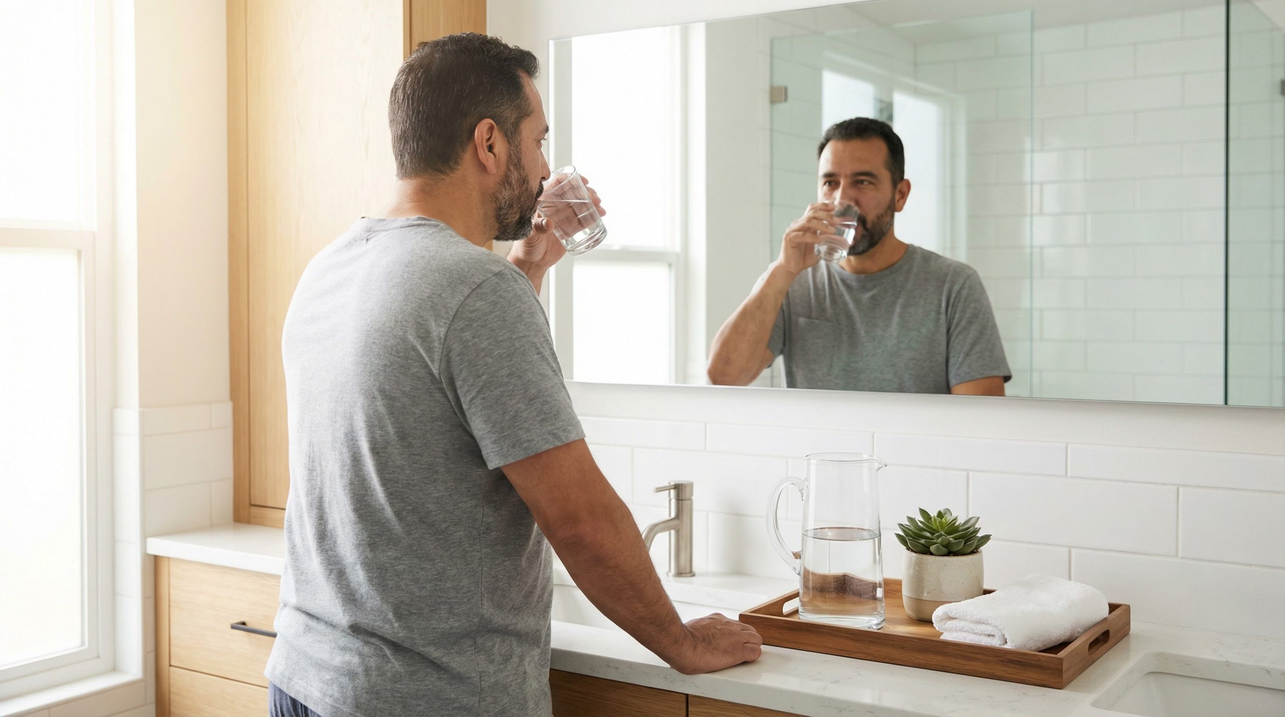 Man drinks water at a bathroom sink, reflecting practical habits after everyday acidic food exposure.