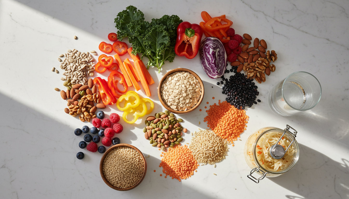 Colorful whole foods and fermented vegetables illustrate earlier routine changes that support steadier stress responses.