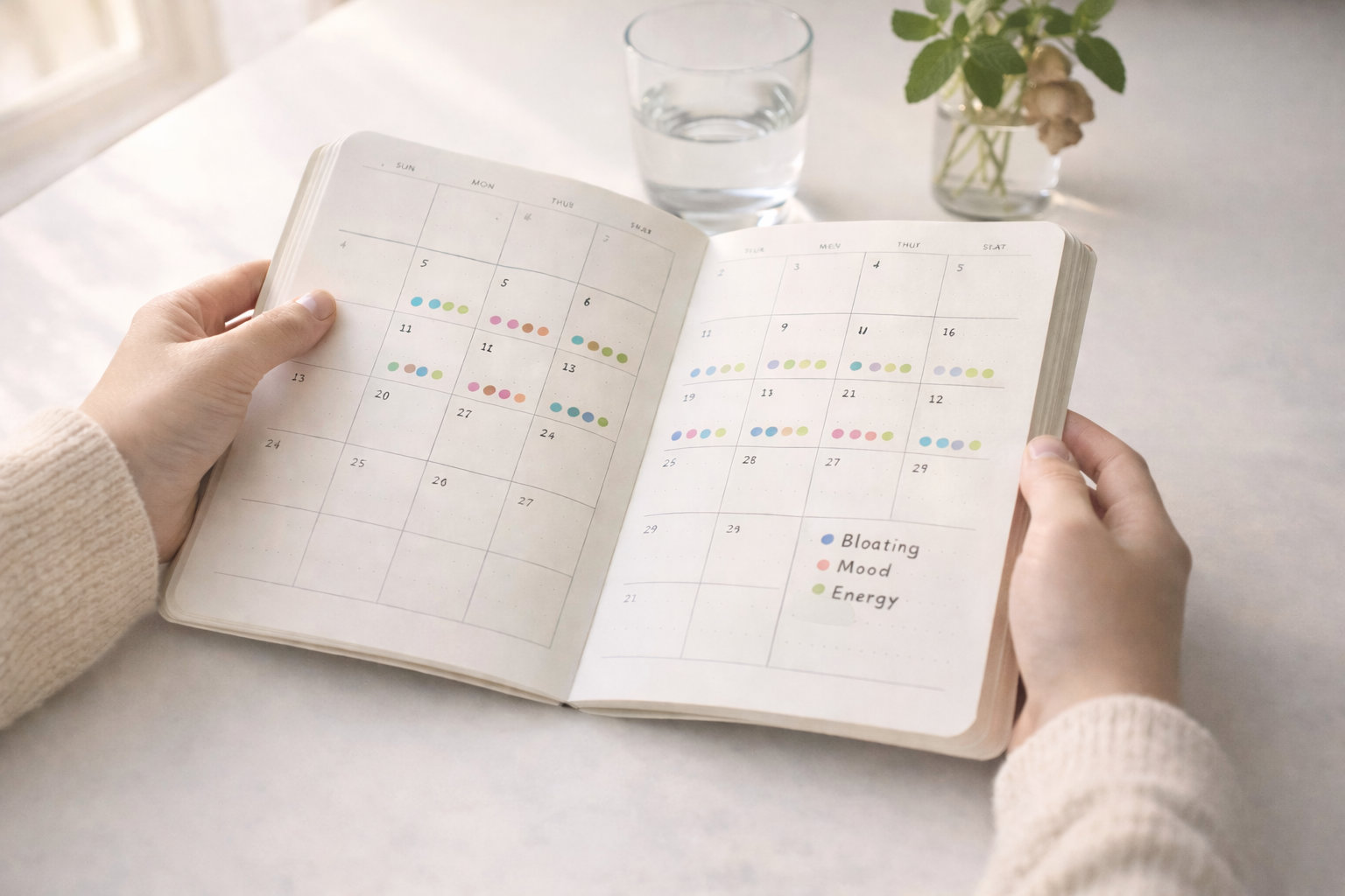 Hands hold a symptom-tracking journal, illustrating a consistent routine and observing change over time.
