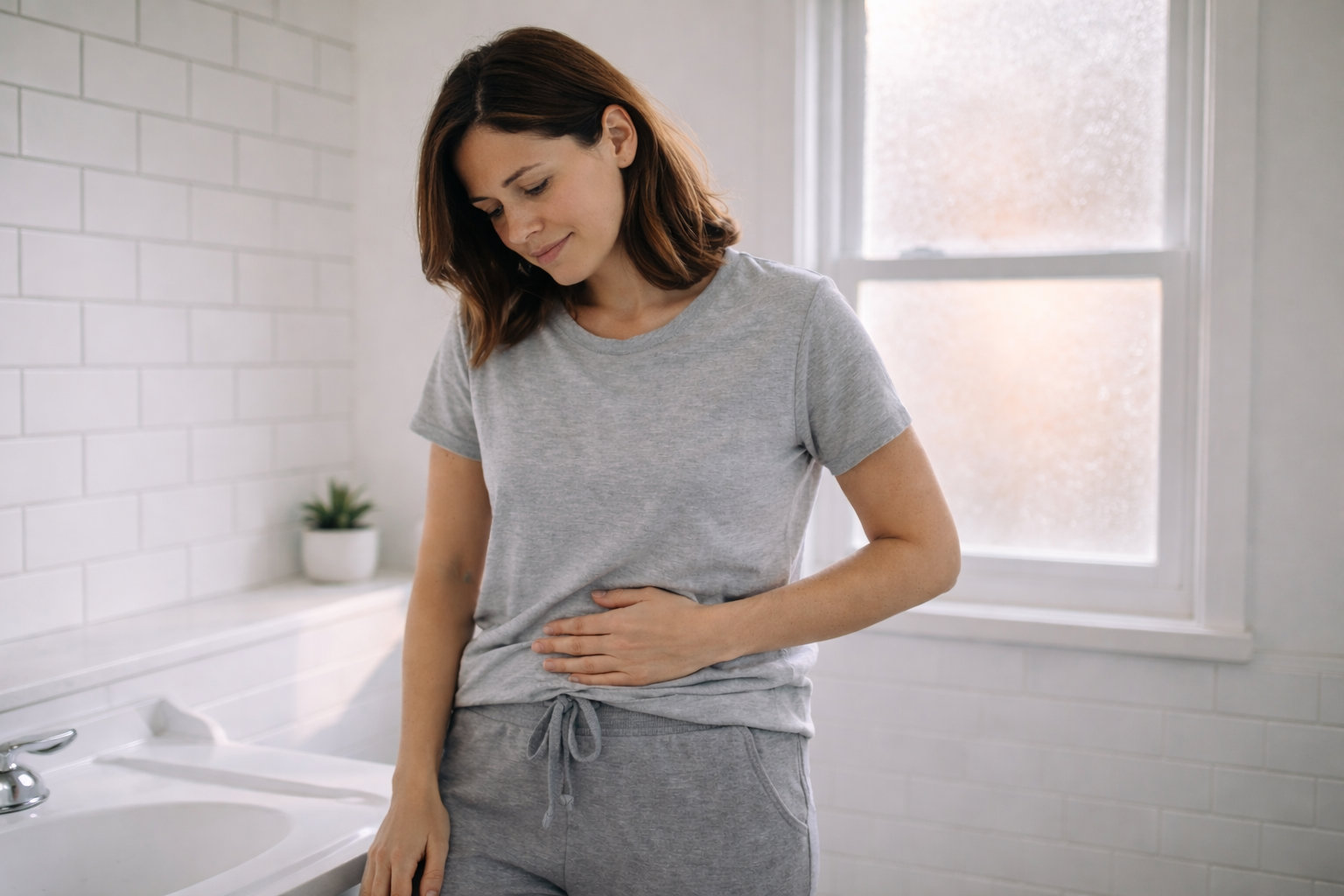 Woman stands indoors with one hand resting on her abdomen, suggesting improving digestive comfort.