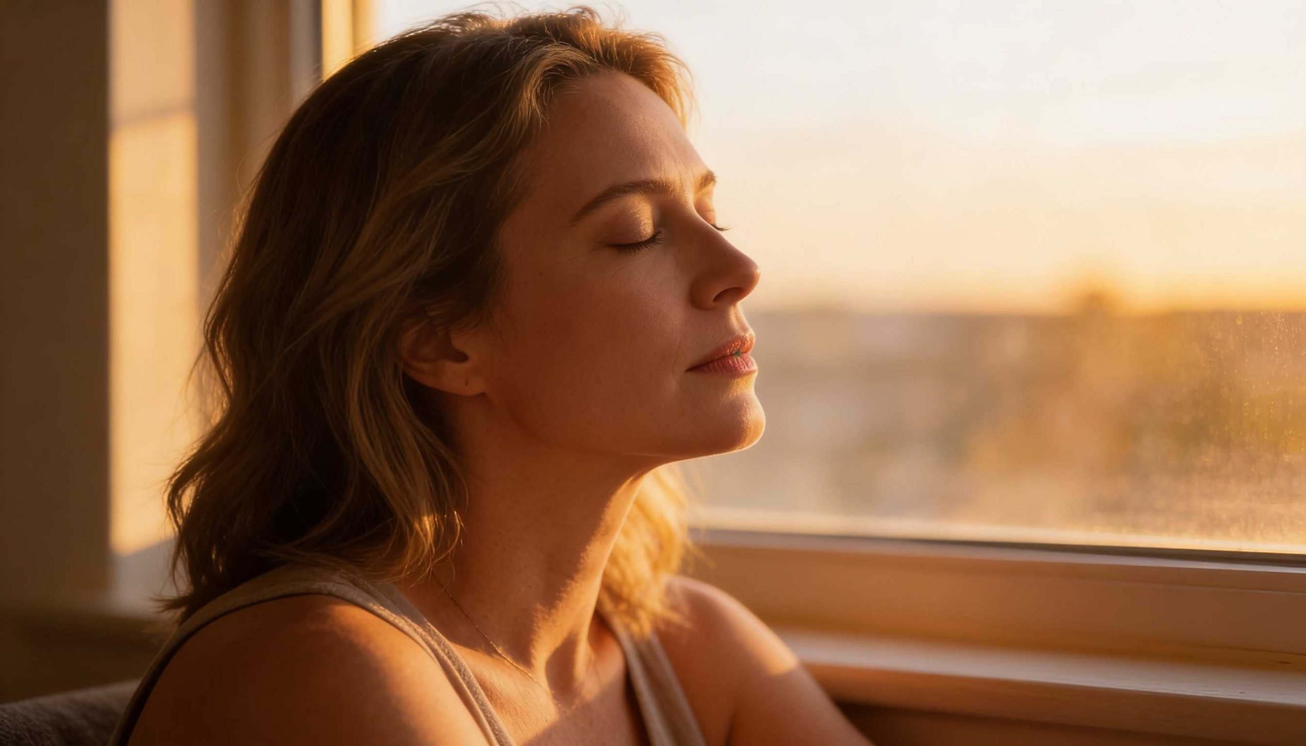 Woman rests by a sunlit window, illustrating how caffeine timing can shape the rest of the day.